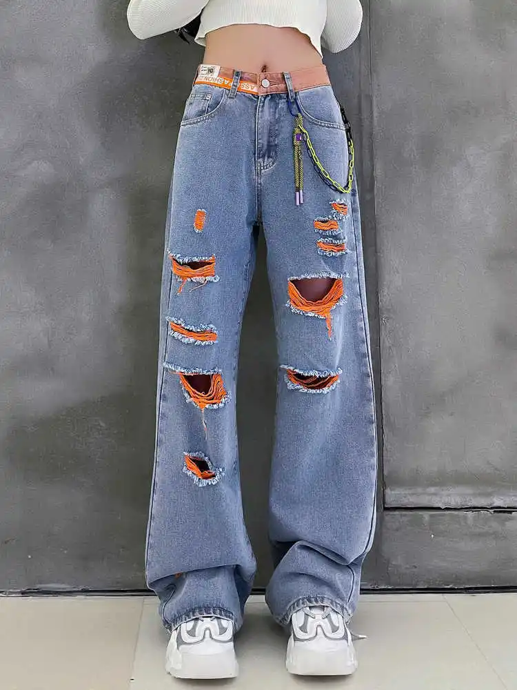 

Tall waist personality hole straight cowboy wide-legged pants show thin summer new tall waist loose