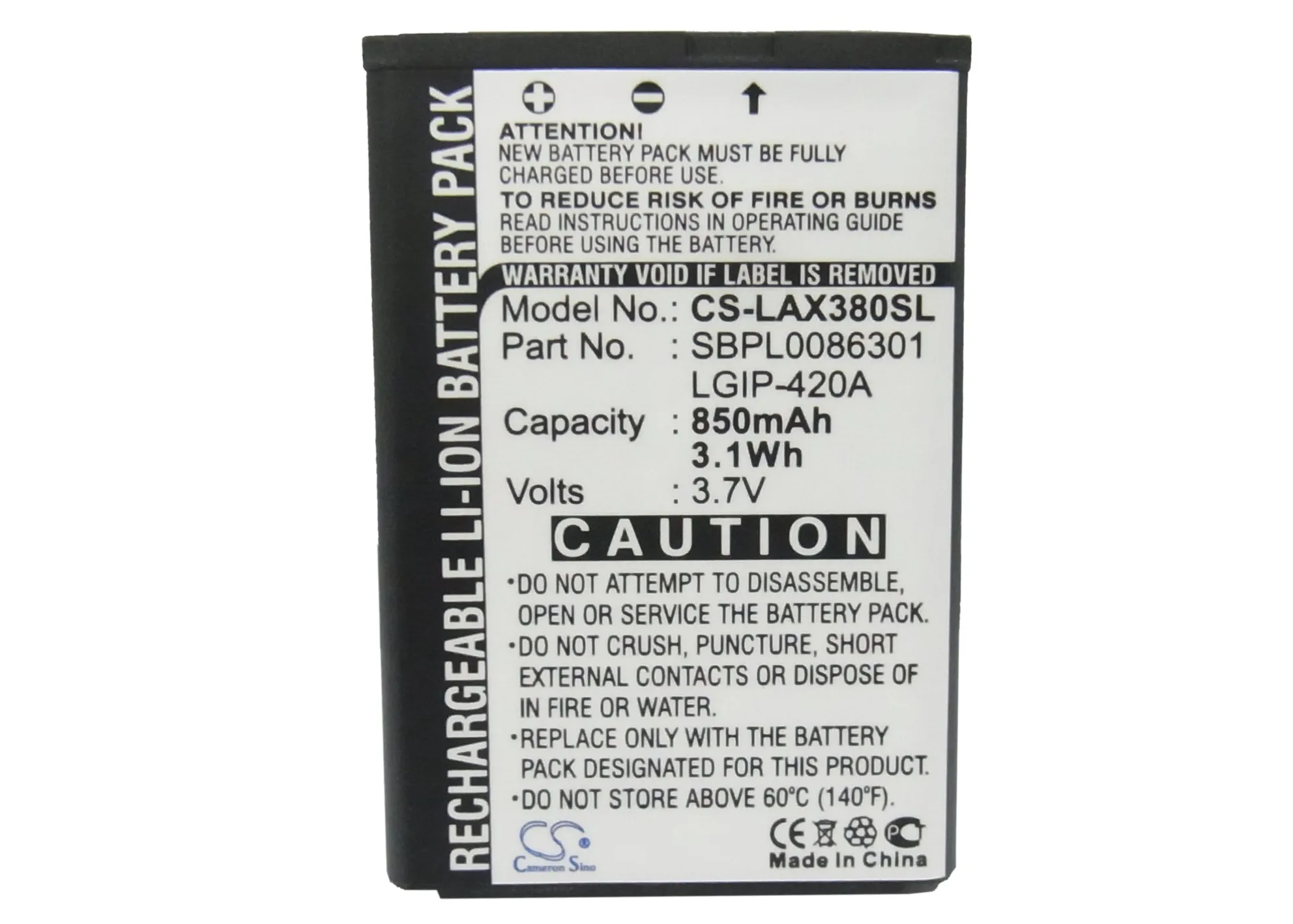 

Аккумулятор Cameron Sino на 850 мАч для LG AX271, AX275, AX380, UX370, UX380, Wave