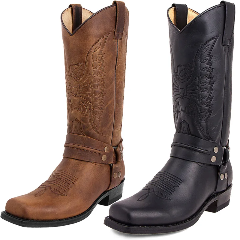 Фото Модные новые мужские мотоциклетные ботинки ручной работы с вышивкой, на толстом каблуке, средней высоты, в европейско-американском стиле, ковбойские ботинки. №3