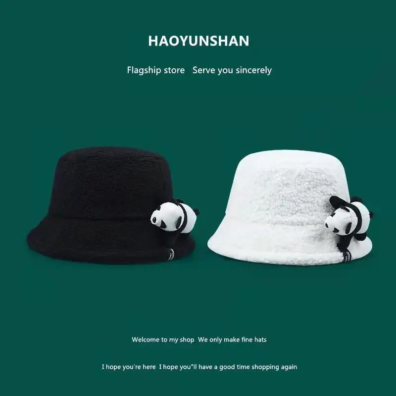 

Designer cute panda doll fisherman hat female student wild plush basin hat autumn and winter warm hat trend