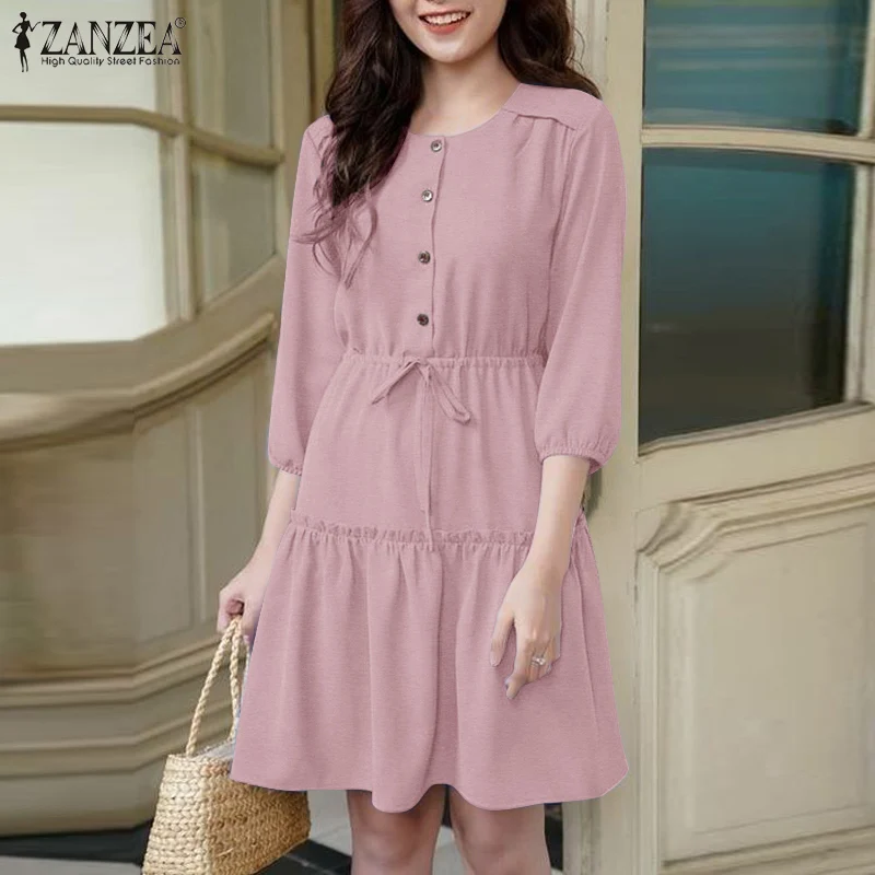 

Платье ZANZEA женское повседневное до колен с оборками, однотонное модное элегантное платье в Корейском стиле на пуговицах, со складками