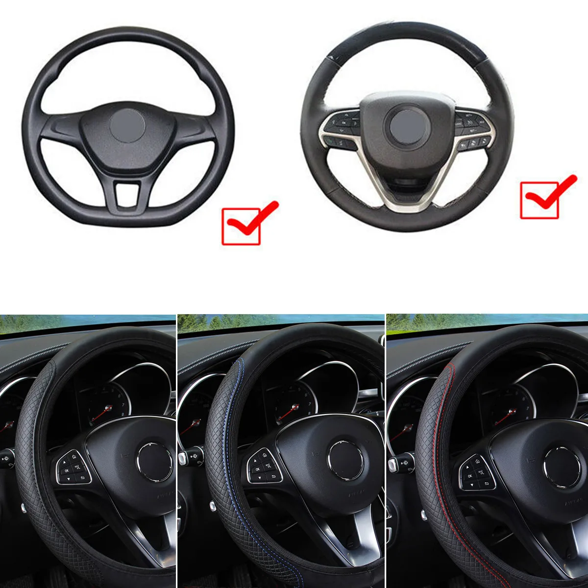 

Car Auto Steering Wheel Cover Leather Breathable Anti-slip 38cm Protector Black