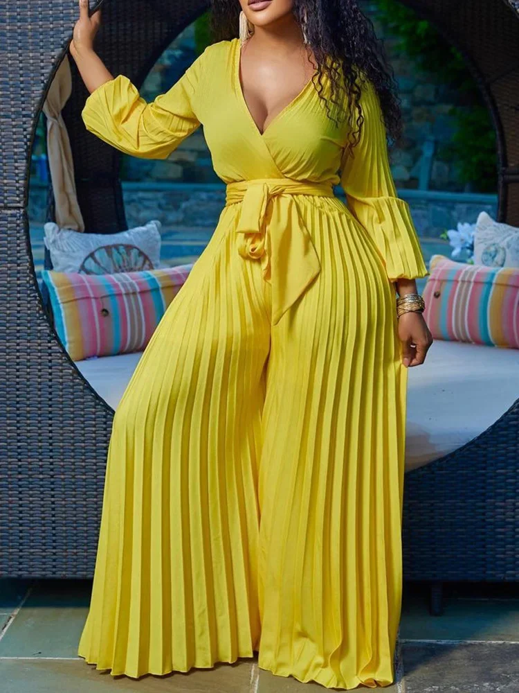 

Solid Long Sleeve Sexy V Neck Pleated Wide Leg Rompers Women Jumpsuit with Belt
