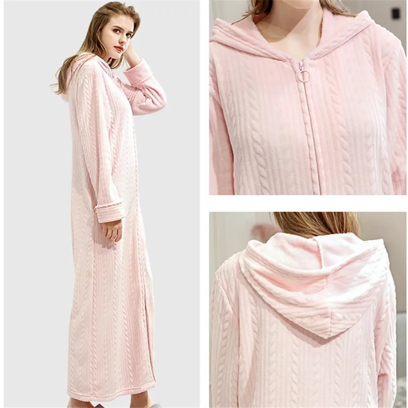 Men Winter Coral Fleece Bathrobe Warm Flannel Bath Cozy Belt Robes Night Sleepwear Women Dressing Gown Zip Hooded
