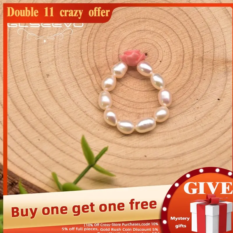 

GLSEEVOT Natural Freshwater Pearl Coral Powder Embossed Set Elastic Ring Women Wedding Engagement Exquisite Fashion Jewelry GR02