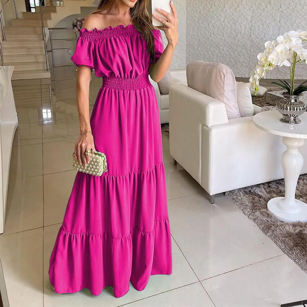 

Women Dress Puff Short Sleeves Elastic Waist Beach Dress Large Hem A-Line High Waist Long Dress Solid Color Off Shoulder Dress