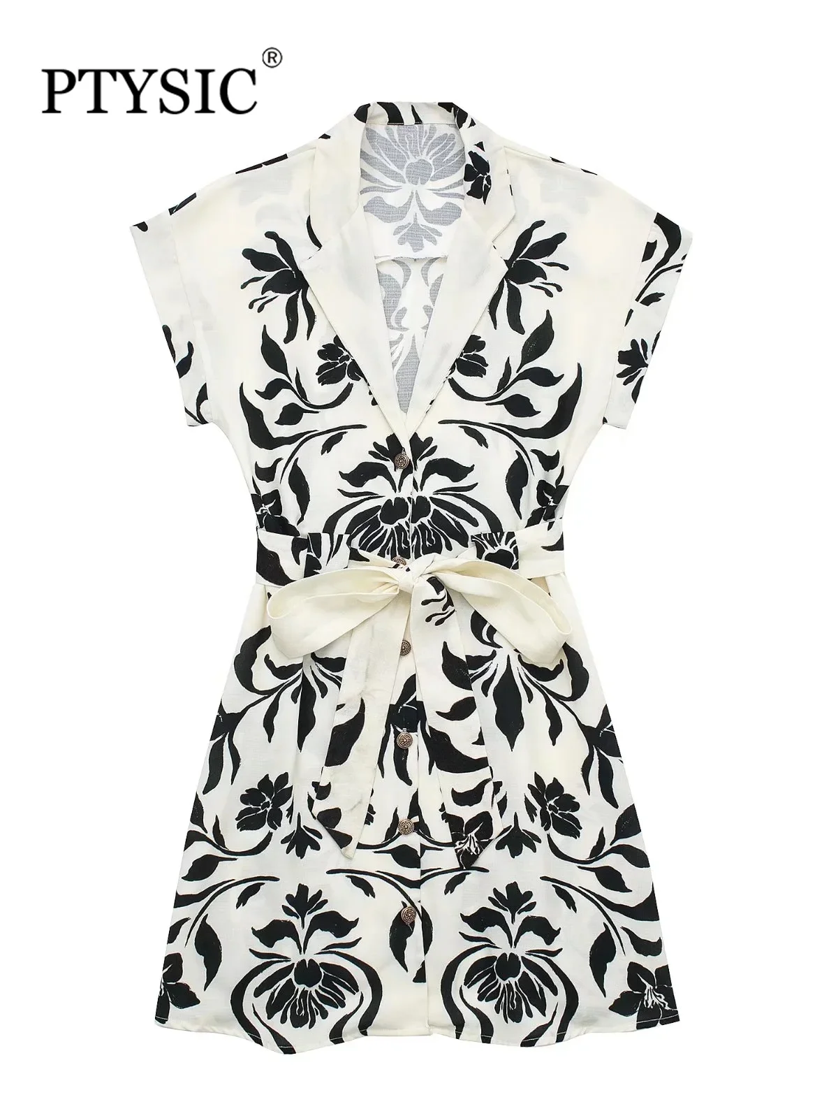 

Модное женское мини-платье PTYSIC с поясом и принтом и бантом, летняя однобортная одежда 2022, повседневные платья с вырезом и рукавами