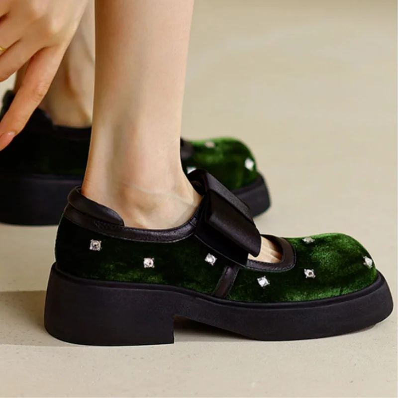 

Elegant Mary Jane Women Shoes Spring New Rhinestone Bow Fashion Medium Heel Women Shoes Soft Leather Thick Bottom Loafers Trendy