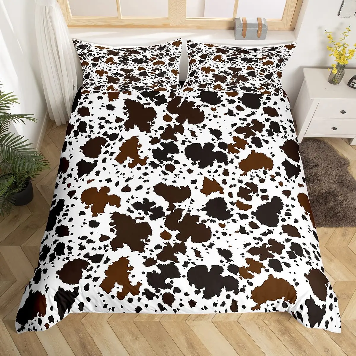 Cowhide Duvet Cover Set,Brown Cow Leopard Print,Western Rustic Farmhouse Farm Animals Bedding Sets Highland Cow Comforter Cover images - 6