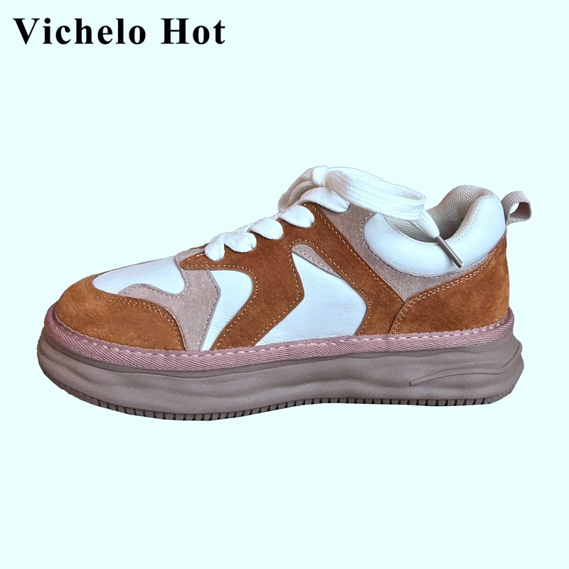 

Vichelo Hot cow suede round toe thick bottom mixed colors handmade high quality breathable cozy cross-tied vulcanized shoes L51