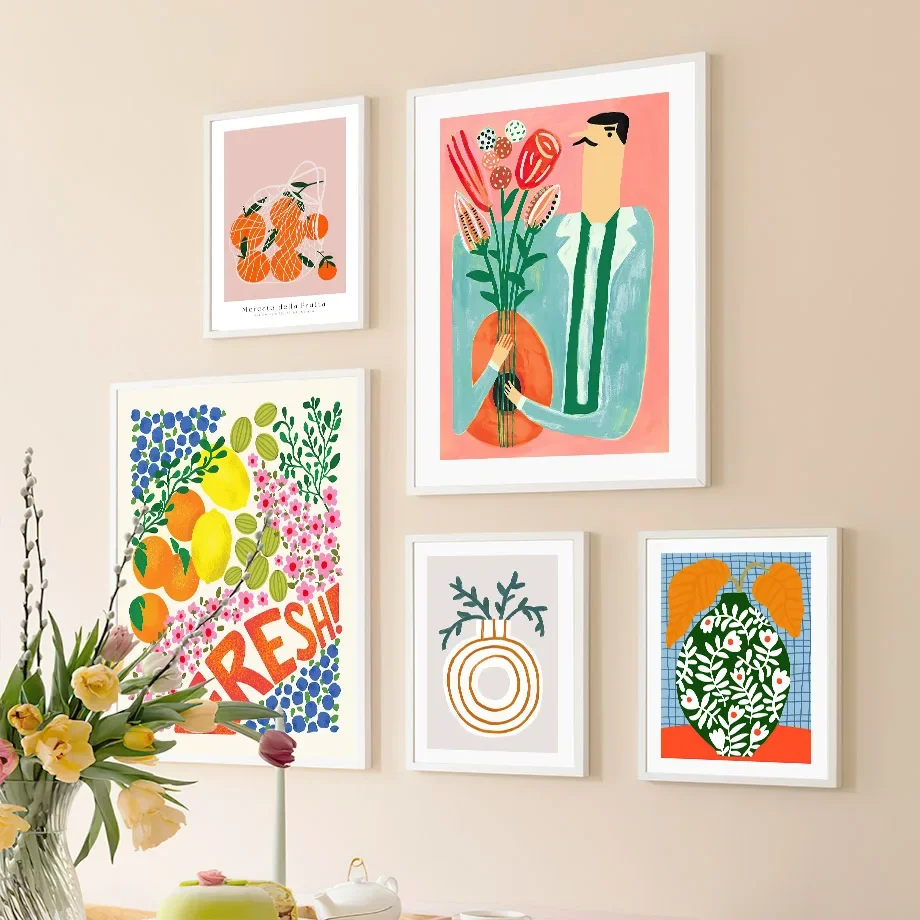 Скандинавские плакаты красочная кошка кактус лимон апельсин ваза настенное