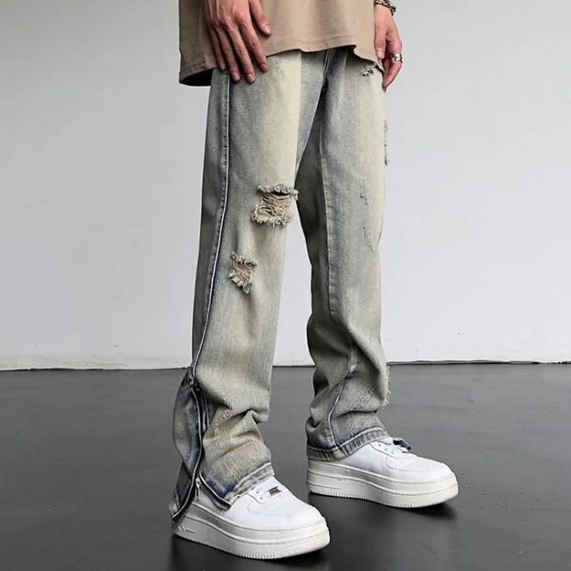 Men's Jeans High Street Ripped Vintage Washed Jeans High Waist Loose Straight Hem Zipper Jeans
