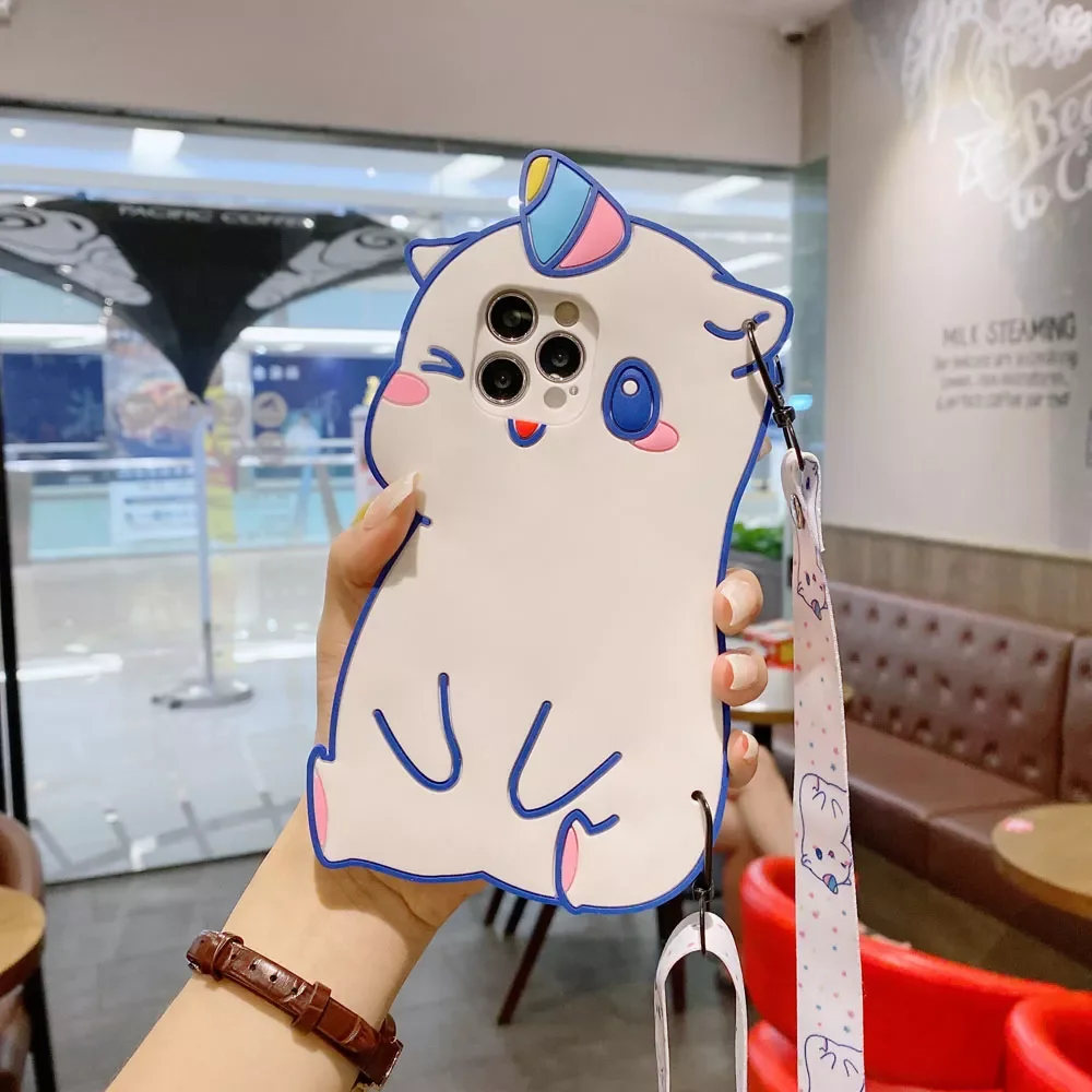 

Lanyard Strap Case For iPhone 12 11 Pro Max Silicone Cartoon Unicorn Pig Car Cover for iPhone XR XS Max 7 8 Plus X Soft Case
