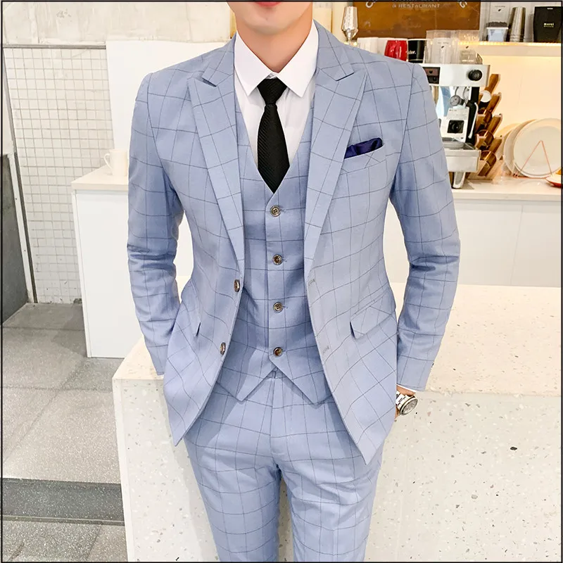 

Men Plaid Suit Blue Khaki Suit Trousers Skinny Design British Work Men's Clothing Wedding Prom Casual Suit