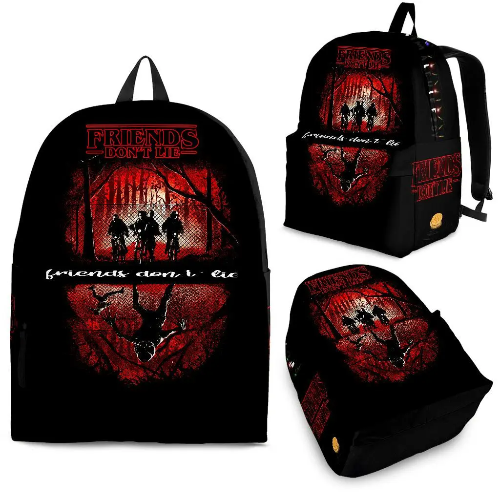 

YIKELUO Stranger Things Friends Don't Lie Print Cool Laptop Backpack For Teens Black Durable Student Textbook Knapsack With Zip