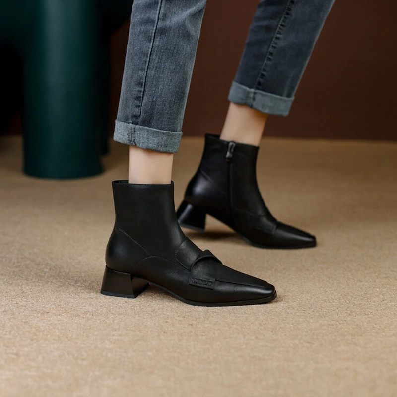 NEW Autumn Shoes Women Square Toe High Heels Geunine Leather Boots Chunky Heel Ankle Boots for Women Mature Pleated Modern Boots
