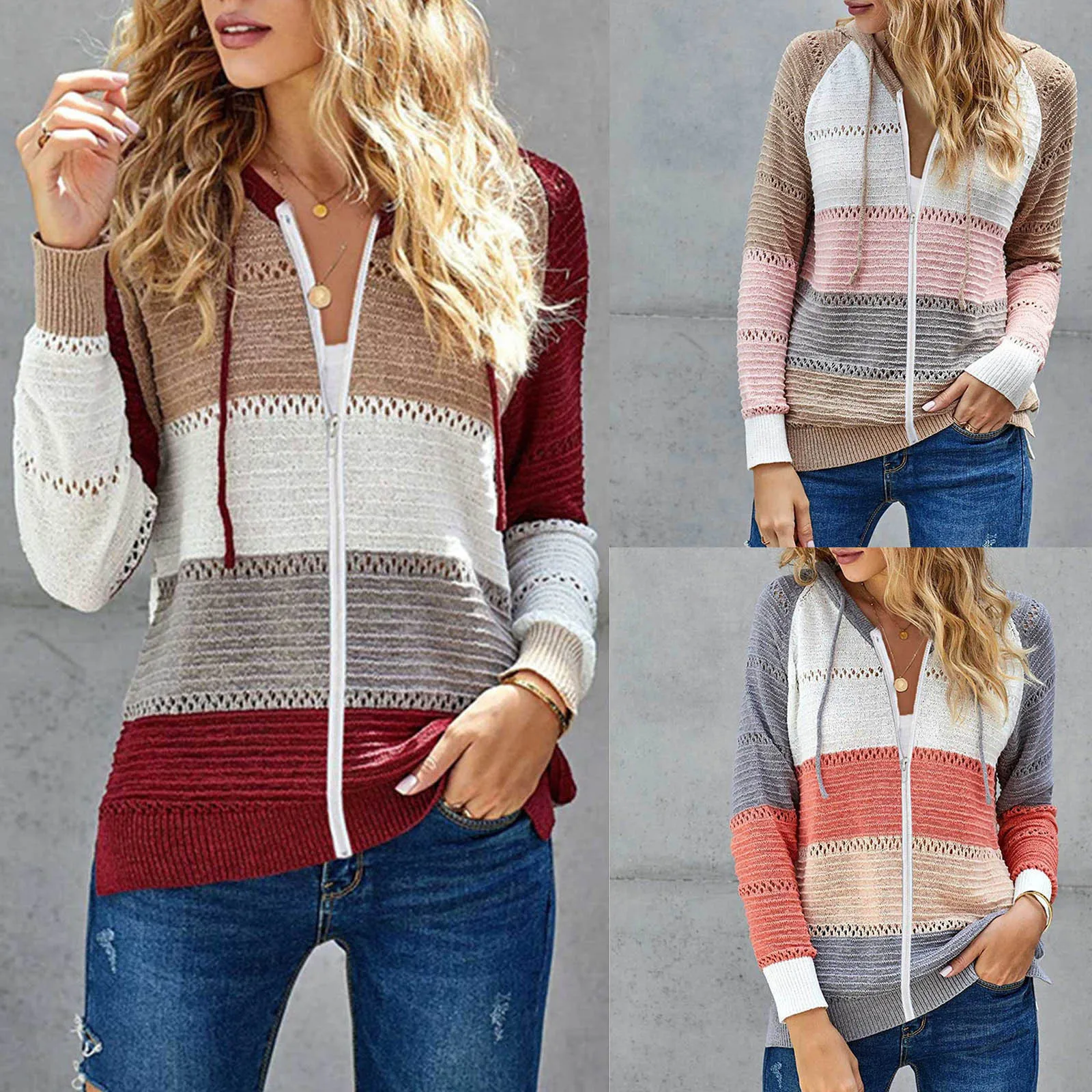 

Новинка 2022, Женский вязаный свитер с цветными блоками, Повседневный свитер с капюшоном на молнии и длинными рукавами