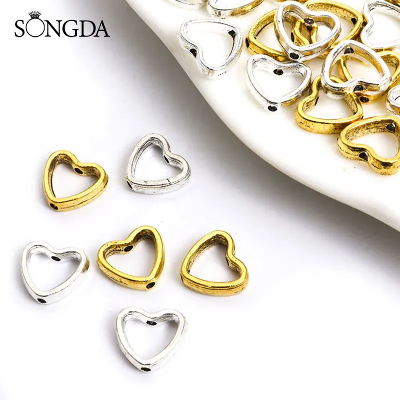 

10pcs Heart Shaped Hollow Loose Spacer Bead Retro Zinc Alloy Round Hole Beaded Charms Jewelry Making for Bracelet Handmade Craft