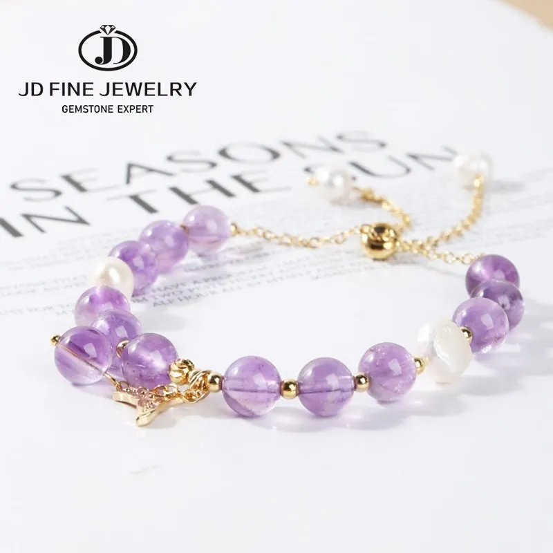 

JD 8mm Natural Amethysts Bead Bracelet Women Elegant Mermaid Tail Charms Adjustable Rope Bangles Female Fashion Crystal Jewelry