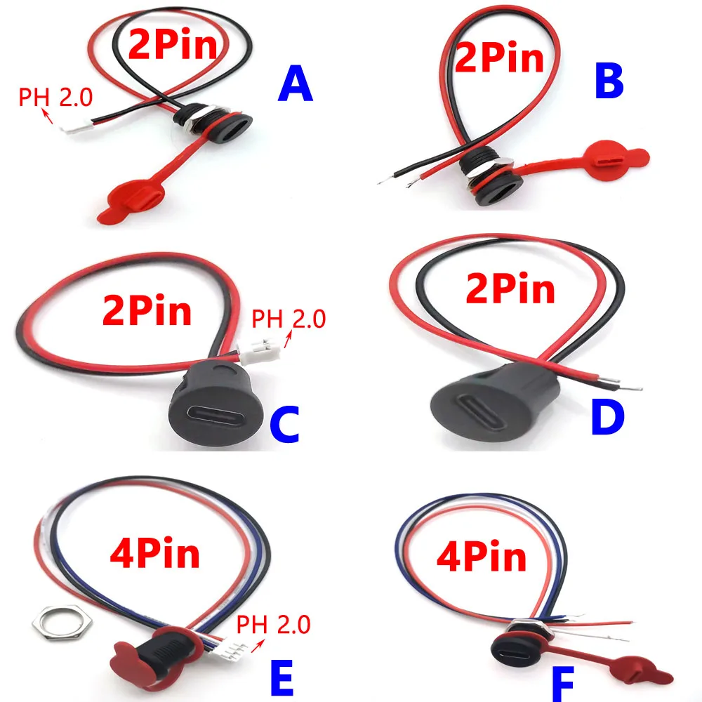 

20pcs USB 2/4pin Connector Type-C to PH2.0 With Nut Snap Plate Female 3A 5A Waterproof USB High Current Fast Charging jack port