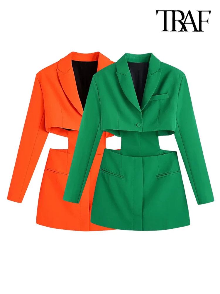 

TRAF Women Fashion Front Buttons Hollow Out Mini Dress Vintage Long Sleeve Welt Pockets Female Dresses Vestidos Mujer