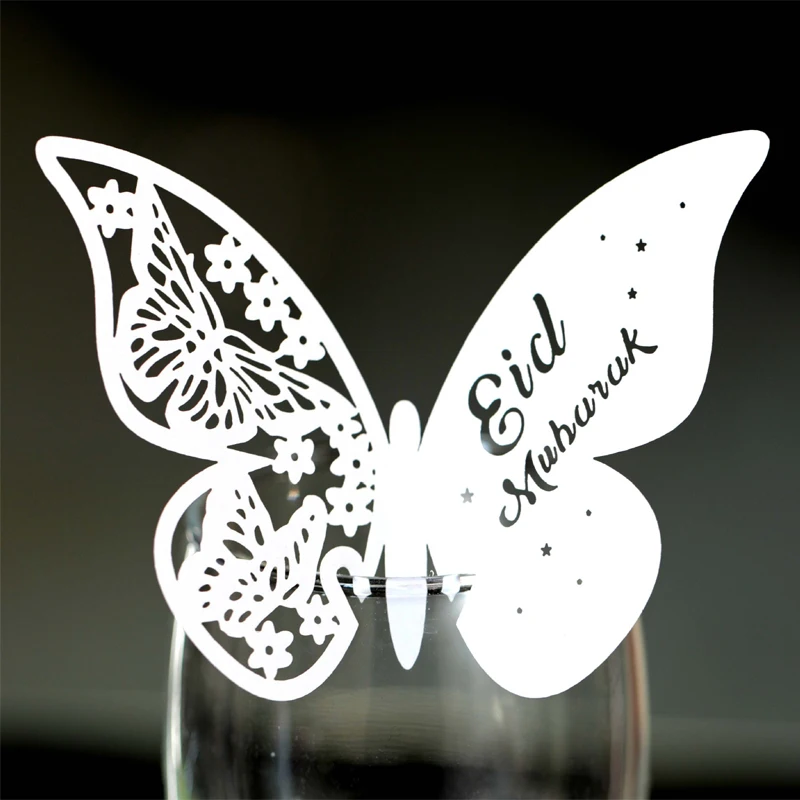 

50pcs/lot Multicolor Hollow Butterfly Cup Cards Eid Mubarak Decoration Paper Name Place Seats Card Ramadan Kareem Party Decor