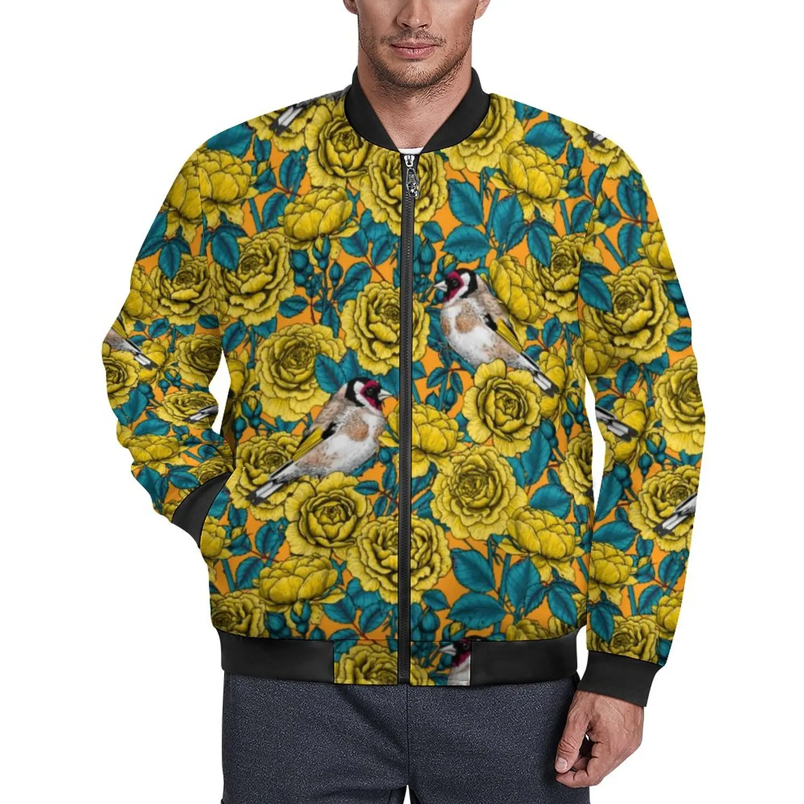 

Roses Flowers Jackets Goldfinch Birds Print Zipper Winter Coats Mens Streetwear Casual Jacket Graphic Big Size Windbreakers