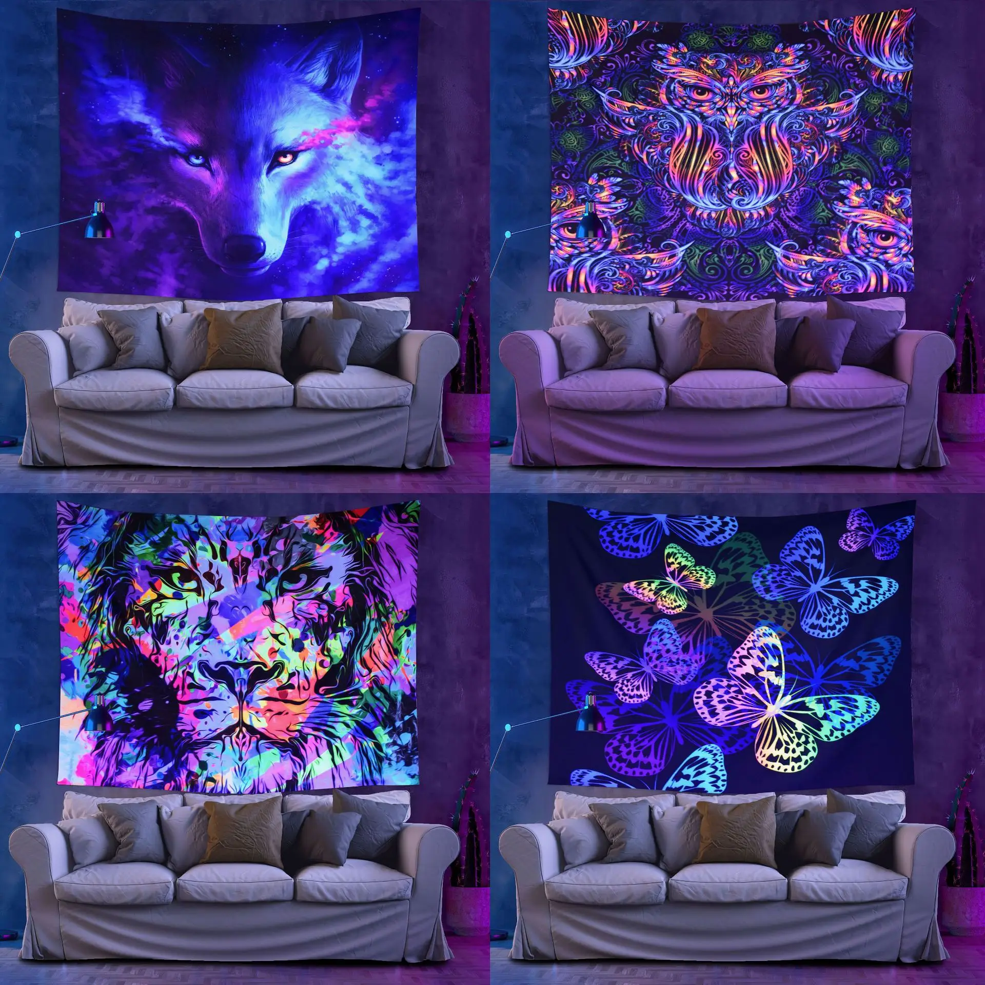 Темно-Синий флуоресцентный черный гобелен Волк тигр лев Сова художественный