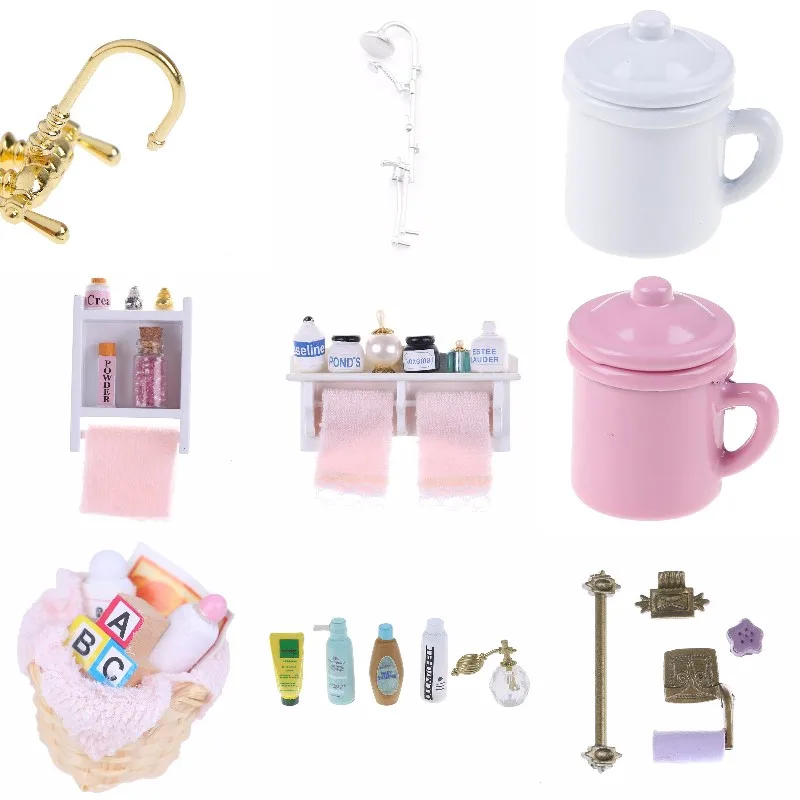 

1:12 Miniature Bathroom Bath Shower Faucet Towel Rack Dish Toiletries Baskets Dollhouse Miniature Faucet Bathroom Accessories