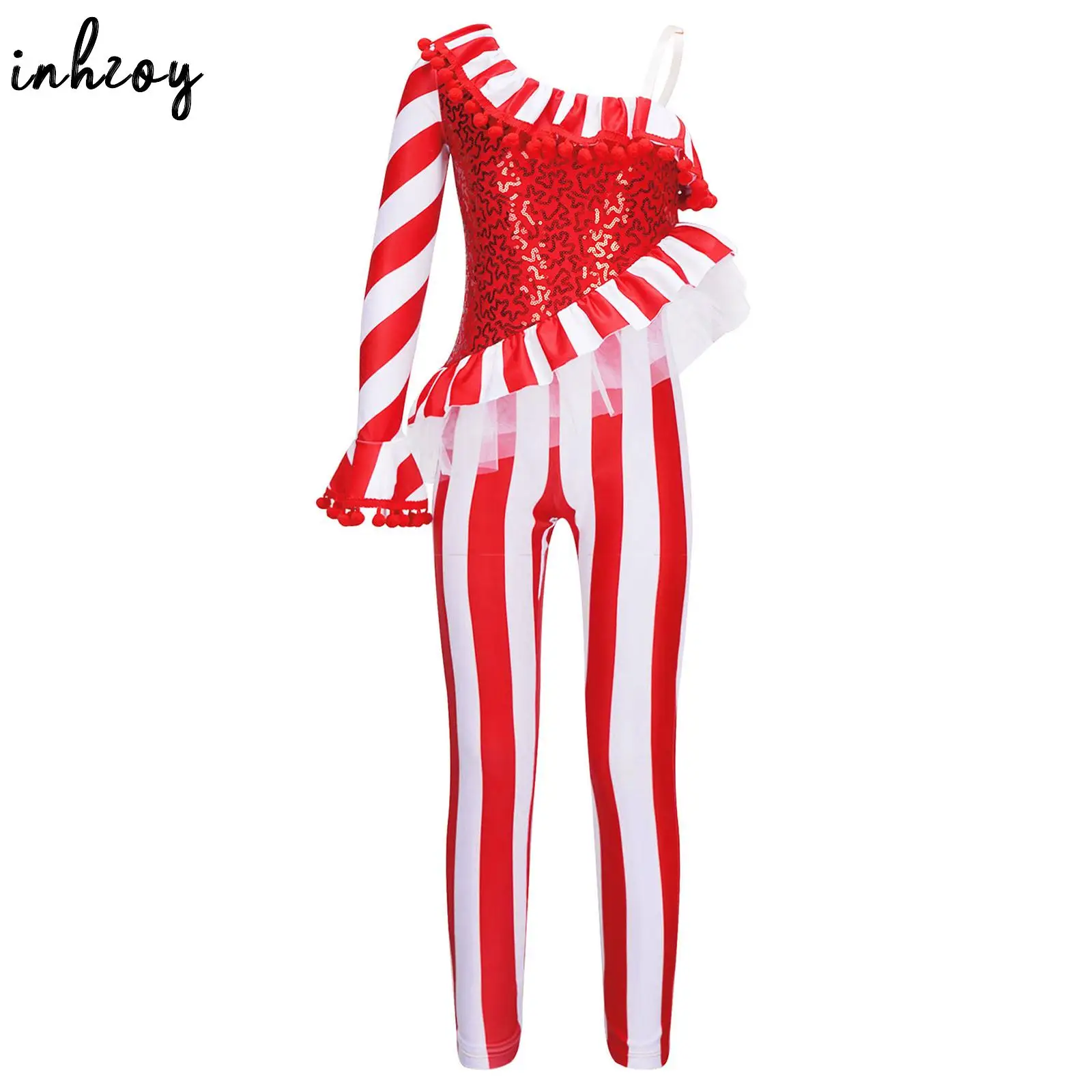 

Kids Girls Christmas Dance Unitard Candy Cane Costume One Shoulder Striped Sequins Jumpsuit Santa Stage Performance Dancewear