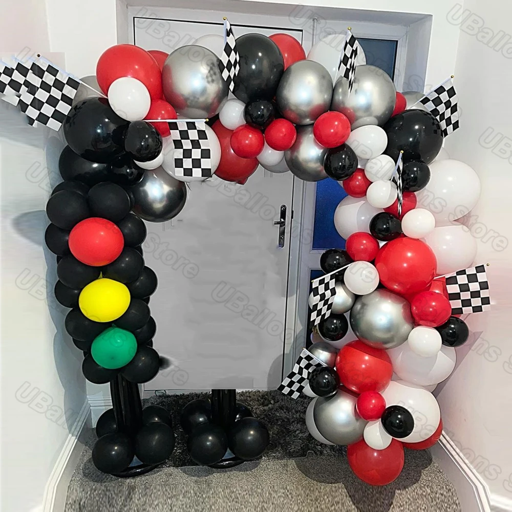 

Racing Car Balloons Arch Black White Checker Flag Banner Birthday Balloons for Baby Shower Decor Racing Car Party Decorations