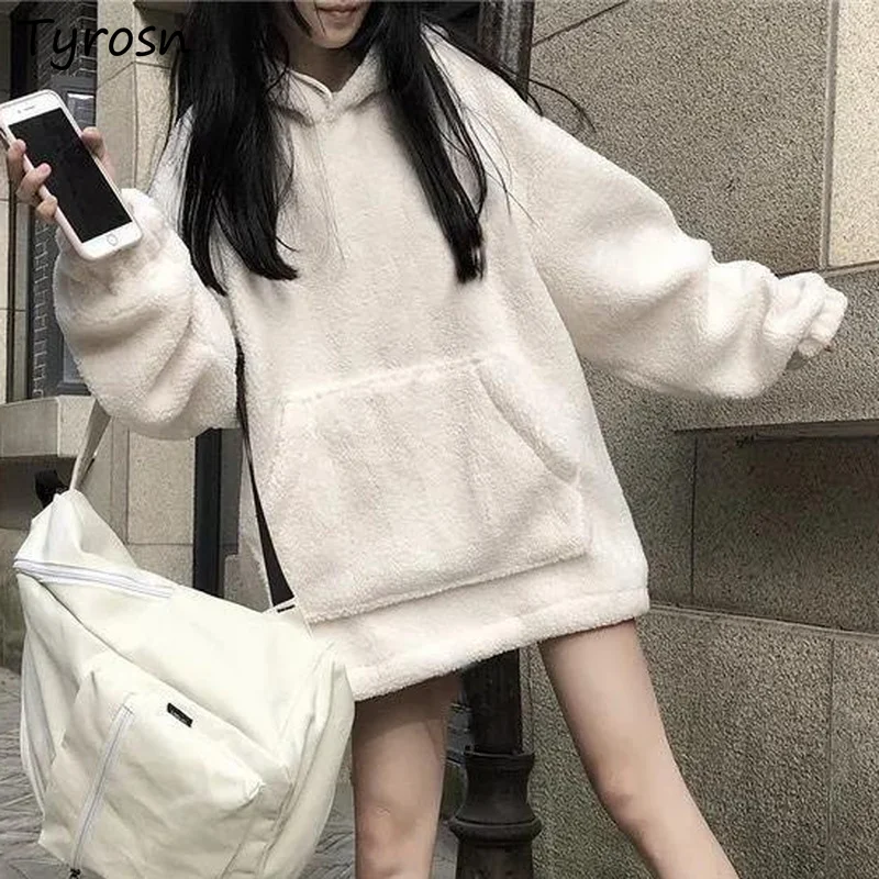 

Solid Lambswool Hoodies Women Harajuku Lantern Sleeve Casual Ulzzang Hooded Tops Females Stylish Popular Thicker Streetwear