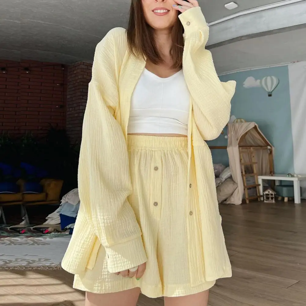 

Loose Women Summer Tracksuit Suit Long Sleeve Two Piece Set Women Solid Color Lapel Shirts Casual Shorts Sets conjuntos cortos