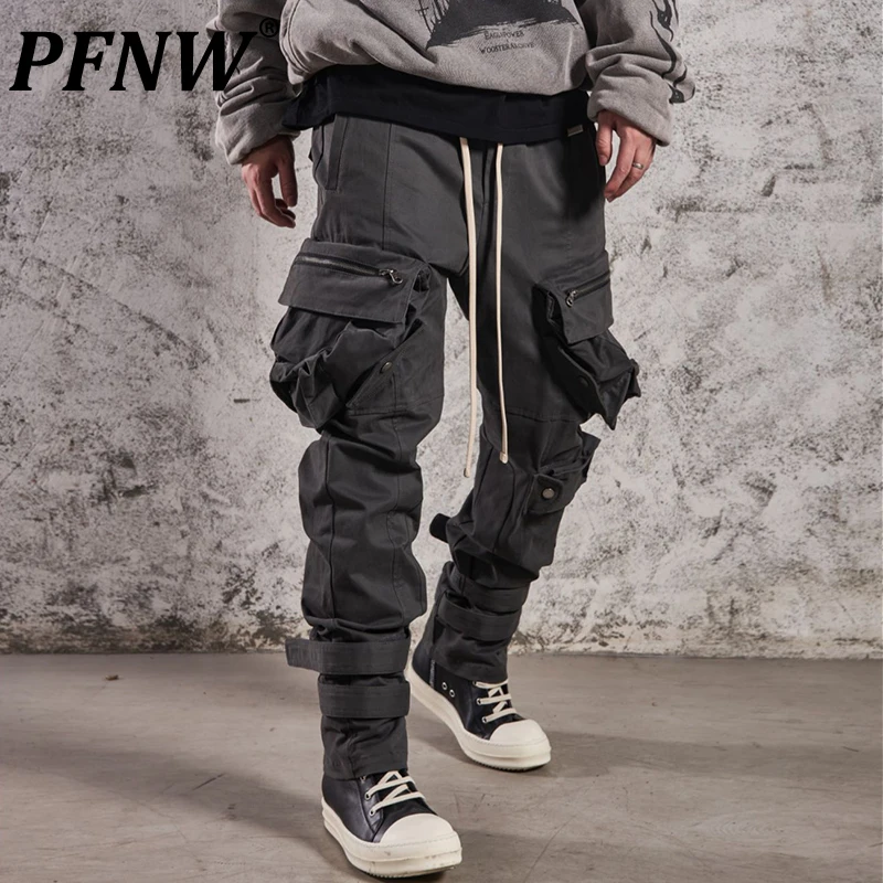 PFNW Spring Autumn Men's Fashion Drawstring Zippers Cargo Pants High Street Pockets Loose Tide Darkwear Casual Trousers 12A7588