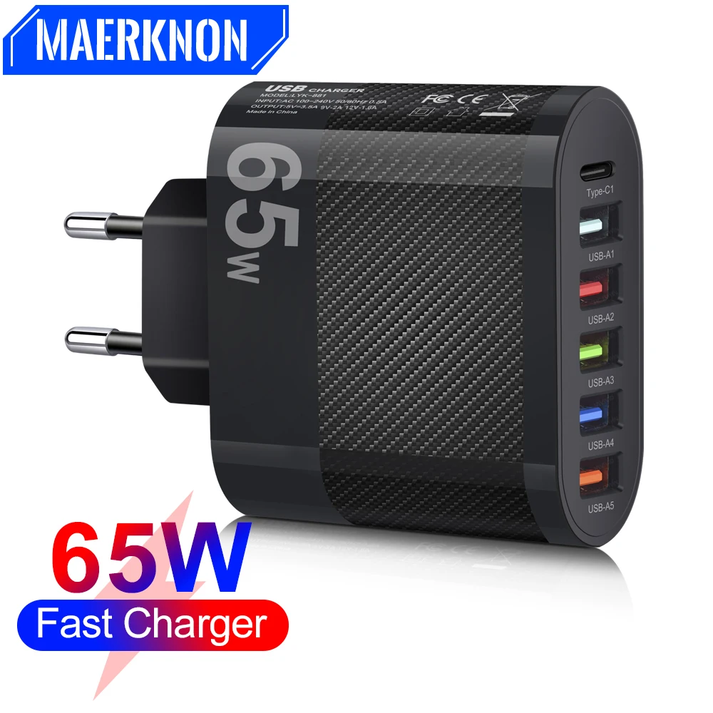 

65W USB 6 Ports Fast Charging Mobile Phone Adapter Type C Charger For iPhone 14 13 Pro Xiaomi Samsung Oneplus QC 5.0 Wall Charge
