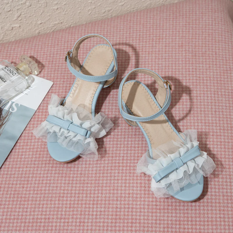 Summer Ladies Lace Bow Wedding Shoes Bridal Sandals Women Stiletto Lolita Heels Female Bride Princess Sandal Pink White Big Size