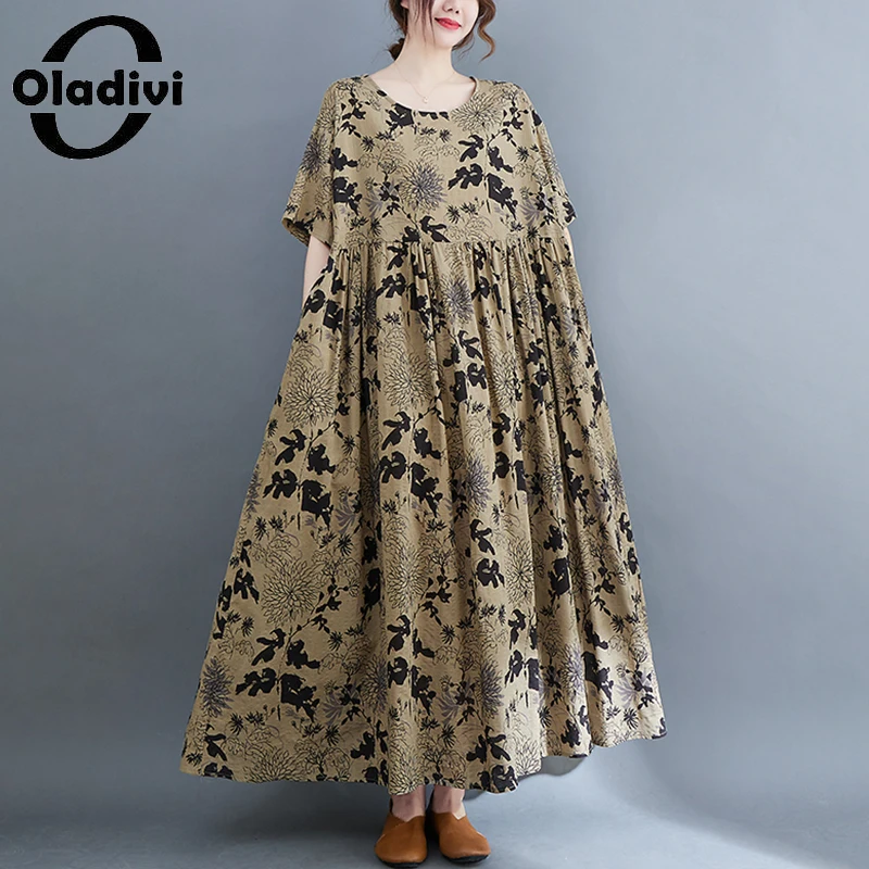 

Oladivi Fashion Floral Printed Big Long Dress for Women 2022 Summer New Oversized Casual Loose Boho Dresses Large Size 9076 8XL