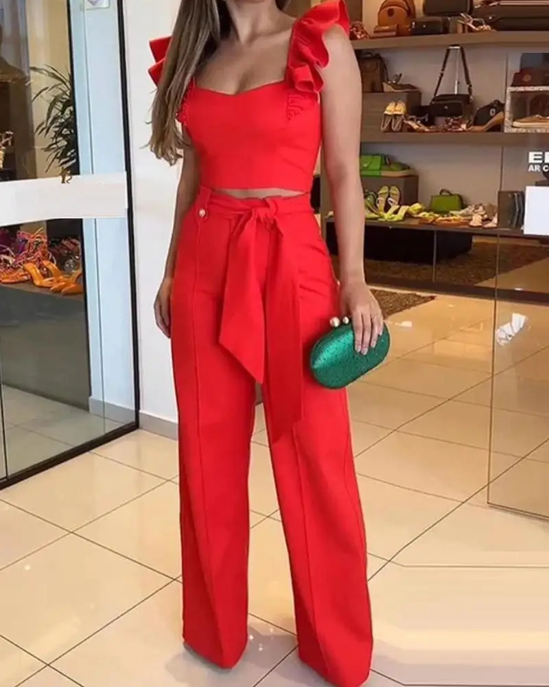 

Pant Sets Tank Top Trousers Two Piece Set Women Suits Sleeveless Ruffle Tanks Straight Pants Solid 2023 Summer Loose Outfits