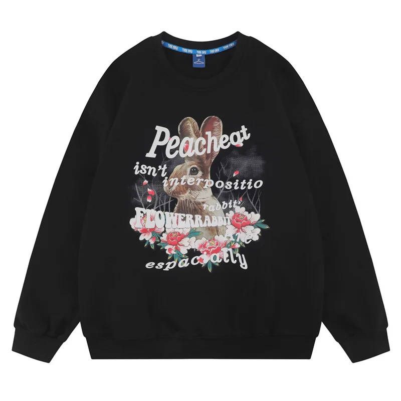 

Harajuku Vintage Sweatshirt Letter Rabbit Flower Printed Hip Hip Sweatshirts Fashion Oversized Streetwear Crewneck Pullover