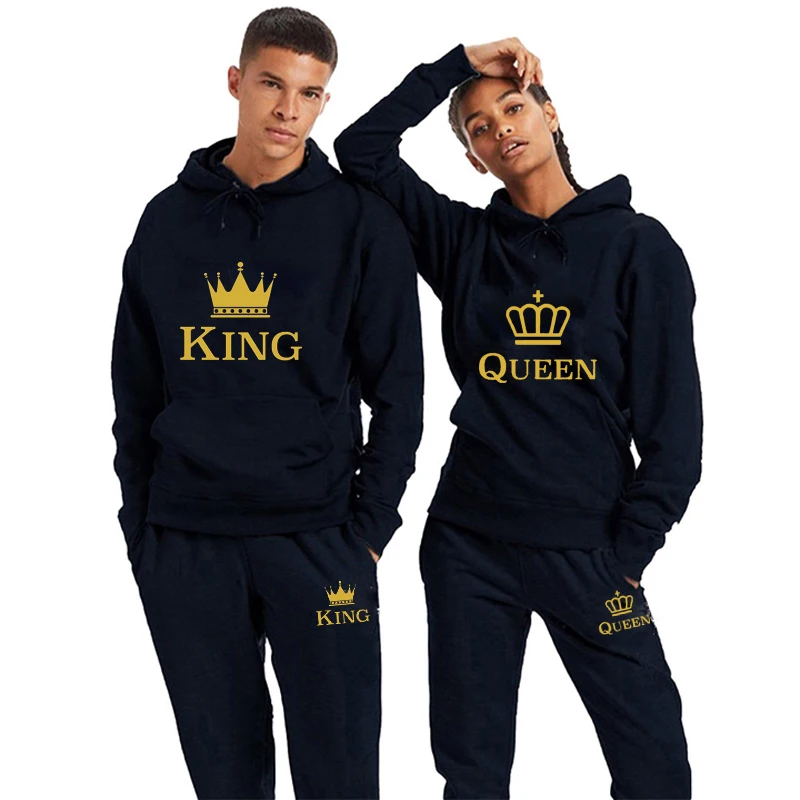 2022 Fashion Men Women Couple Sportwear Outfit KING or QUEEN Printed Hoodie and Sweatpants Lover Suits 2pcs Set