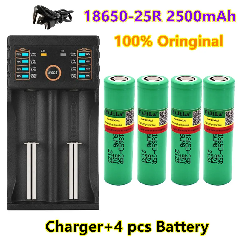 

100% original novo 18650 2500mah bateria inr18650 25r 20a baterias de lítio de descarga + carregador