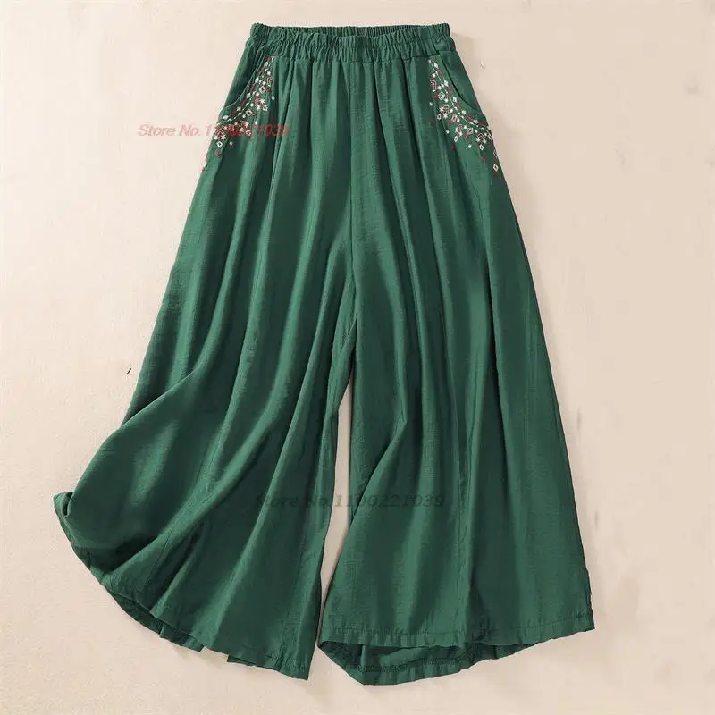 

2023 ethnic harajuku women cotton linen pants chinese vintage elastic waist pants national flower embroidery retro loose pants