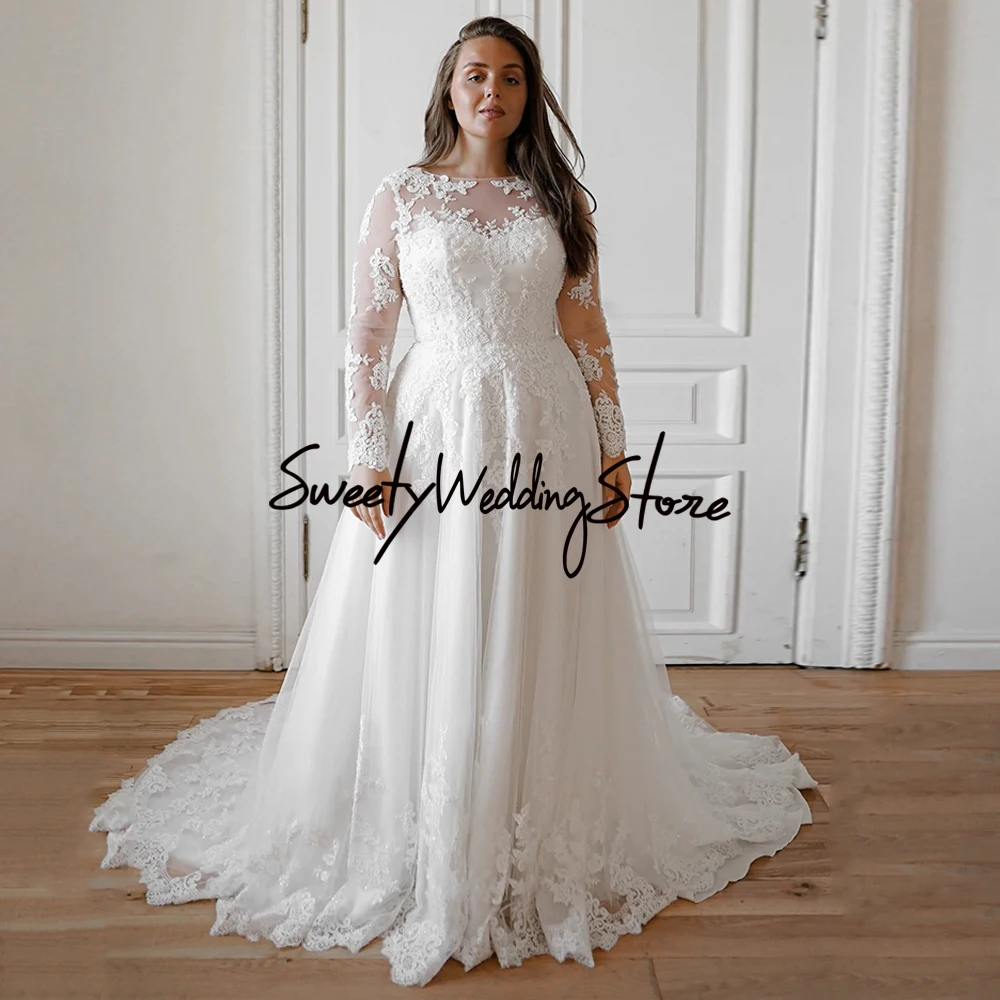 

Очаровательные женские свадебные платья с длинным рукавом, иллюзионная аппликация, ТРАПЕЦИЕВИДНОЕ свадебное платье со шлейфом, свадебное ...