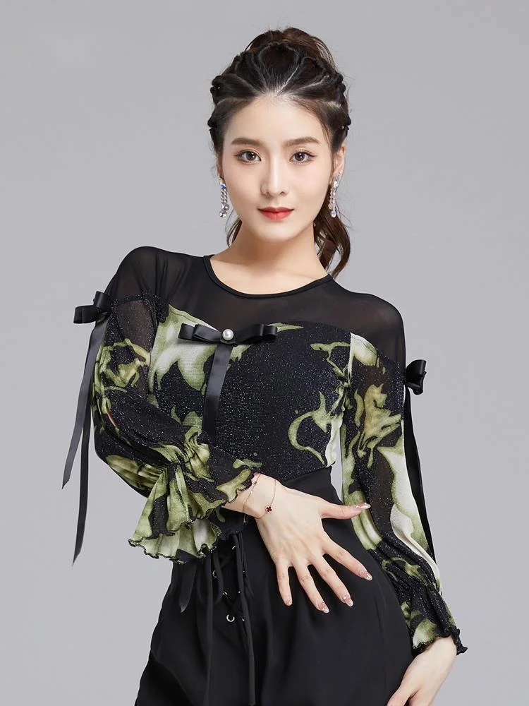 

Latin dance blouse women's new modern dance ballroom dance waltz national standard lantern long sleeved jumpsuit training