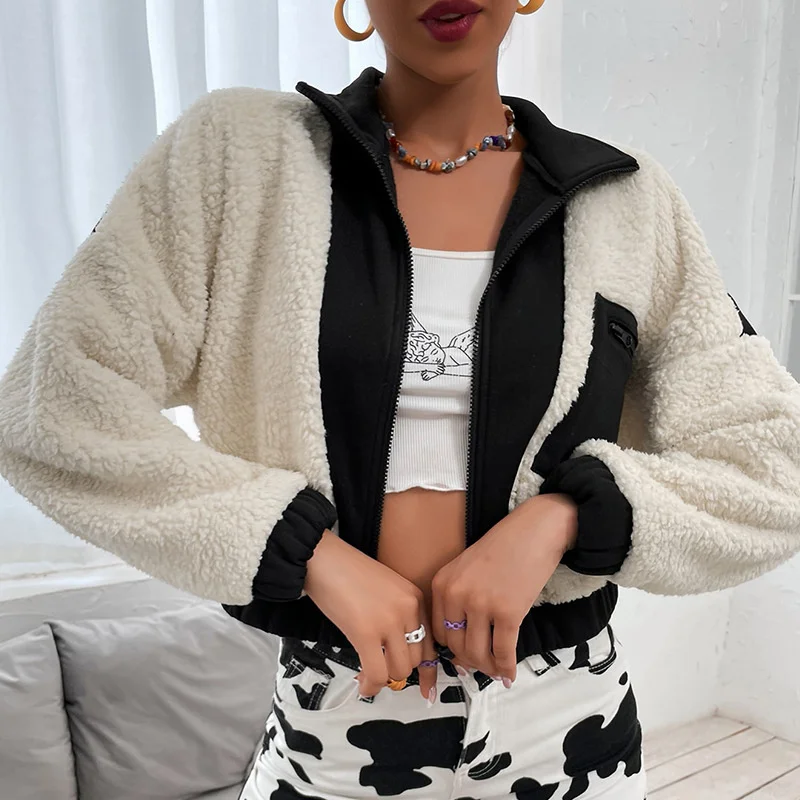 

Женская куртка на осень, плюшевые уличные тренды, Короткие топы, пальто, хлопковая верхняя одежда с открытым стежком без капюшона, женская о...