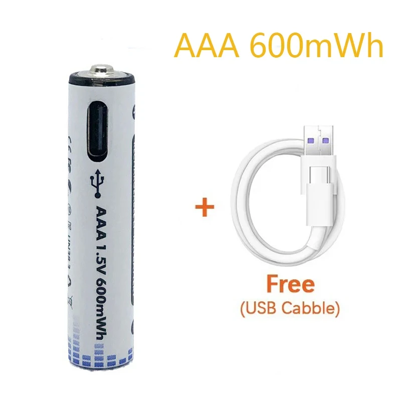 Фото Аккумуляторная литиевая батарея AAA 600 мАч с USB-зарядкой для светодиодных фонарей, игрушек, камер, микрофонов №2