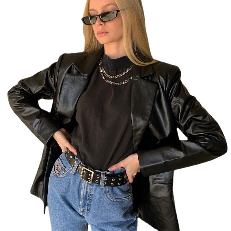 Spring New Women's Fashion Imitation Leather Suit Collar Jacket Single-breasted Temperament Long-sleeved Leather Jacket Women