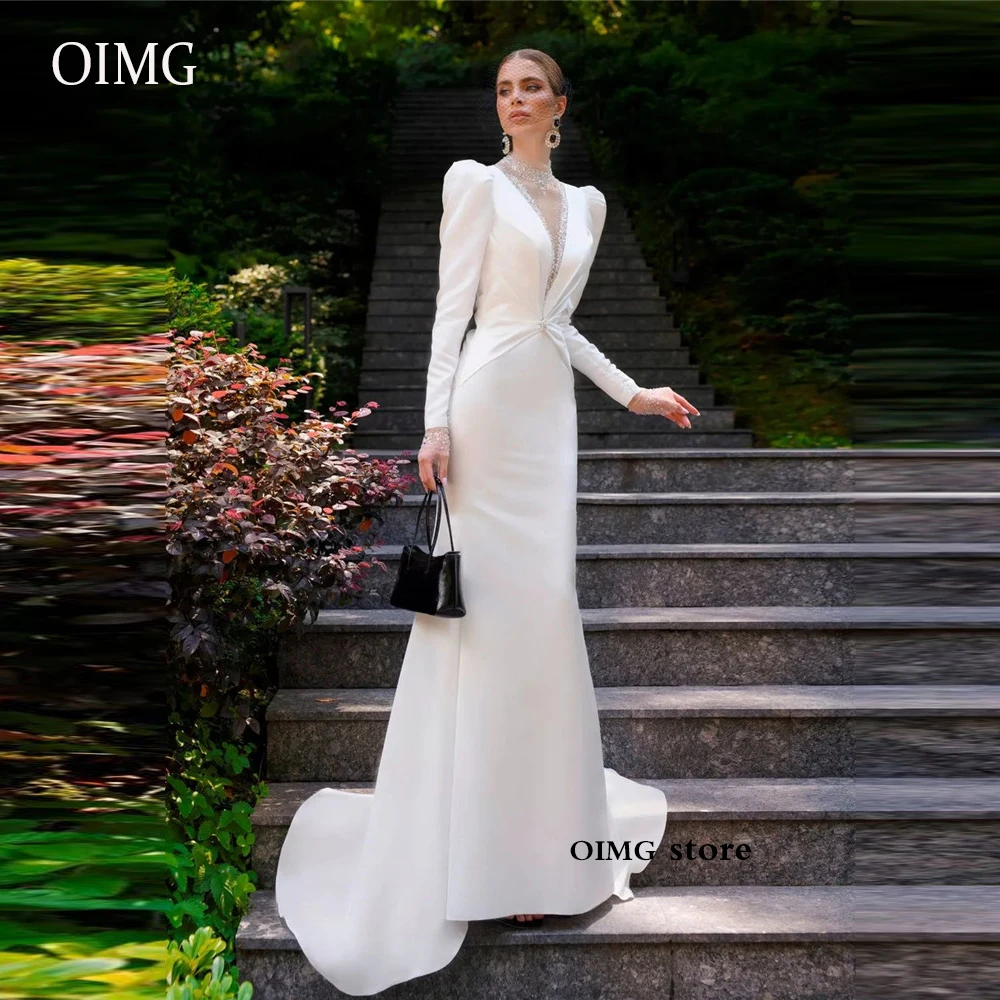 OIMG High Neck Shiny Beads Mermaid Wedding Dresses Puff Long Sleeves Stretch Satin Bridal Gowns Women White Elegant Formal Dress