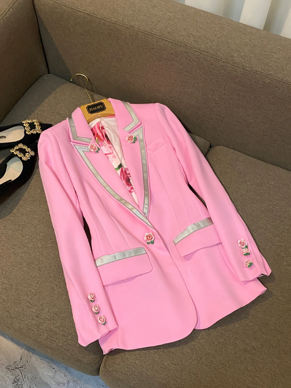 

E GIRLS Fashion Sweet Lady Style Fall Rose Rose Pink British Design Loose and Thin Suit Jacket Long Sleeve