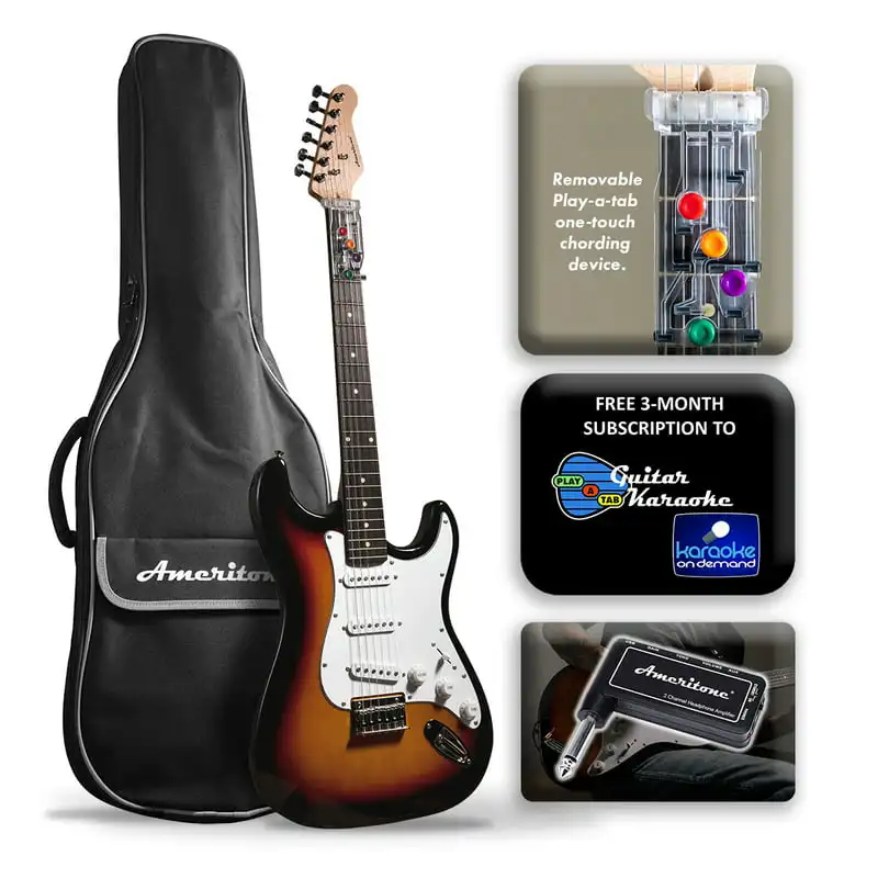 

"Learn to " Double Cutaway Tobacco Sunburst Electric Guitar with -A-Tab Chord Former, Headphone Amplifier, Gig Bag, and 3-Month